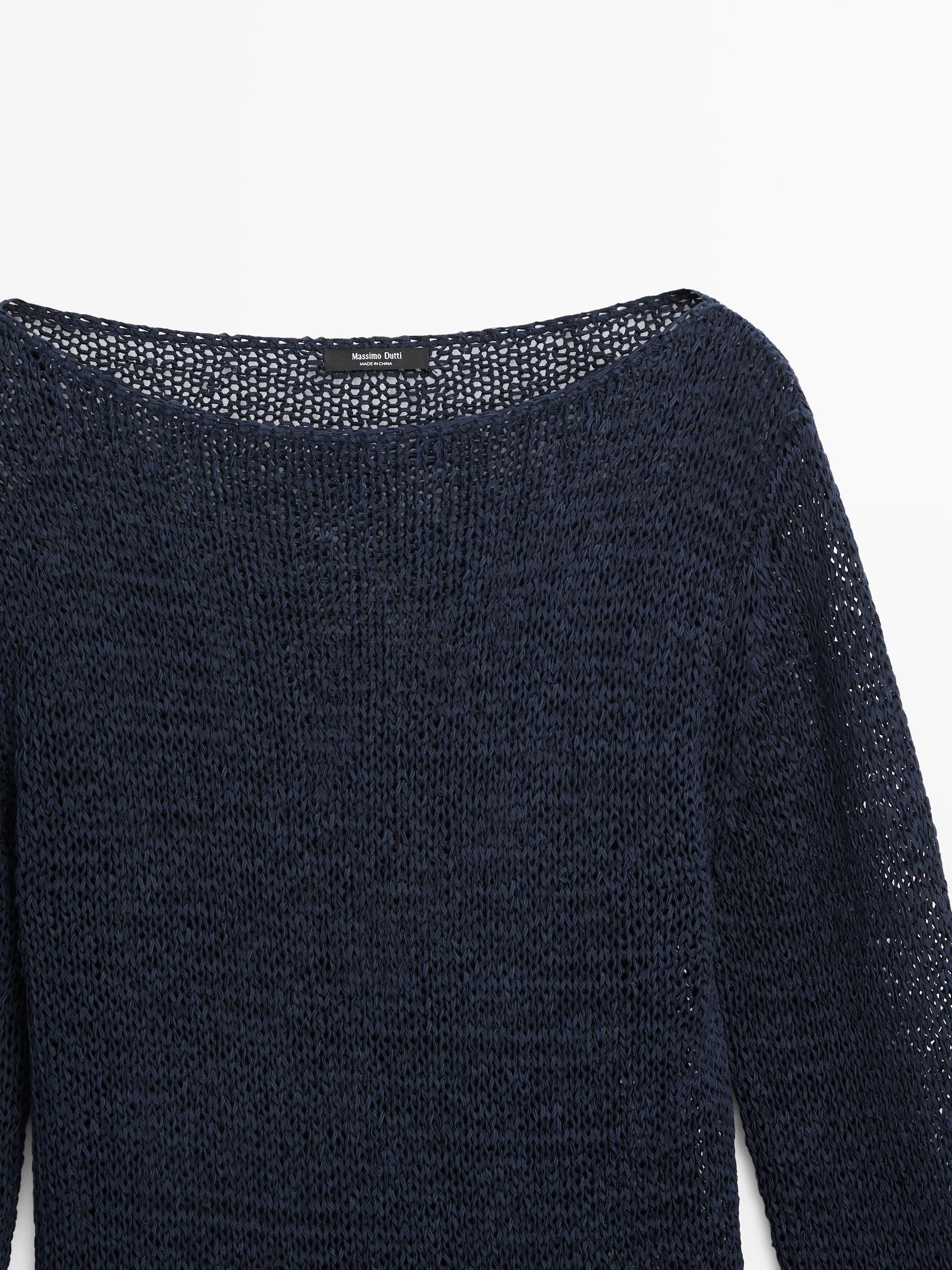 Cotton blend knit boat neck sweater